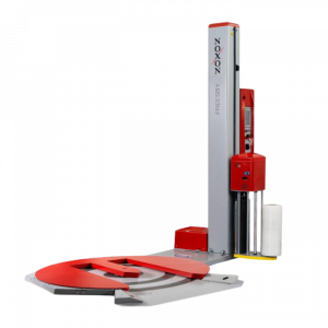 Banderoleuse rouge et grise avec emplacement pour palette