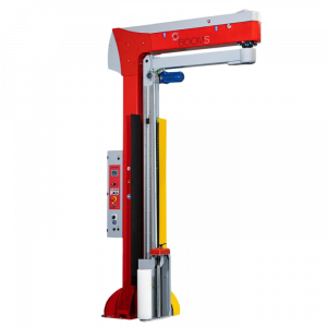 Banderoleuse rouge et grise boom s avec un bras tournant pour filmer des palettes.